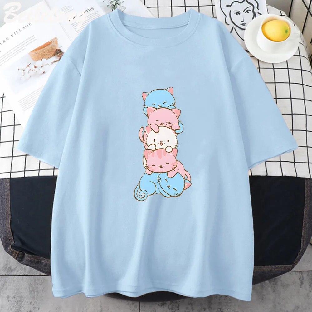 Transgender Pride Flag Cute Kawaii Cats Subtle LGBTQ Trans Pride T Shirts Summer Women's Short-sleeved T-shirts Harajuku Y2k Tee Unisex T-shirt
