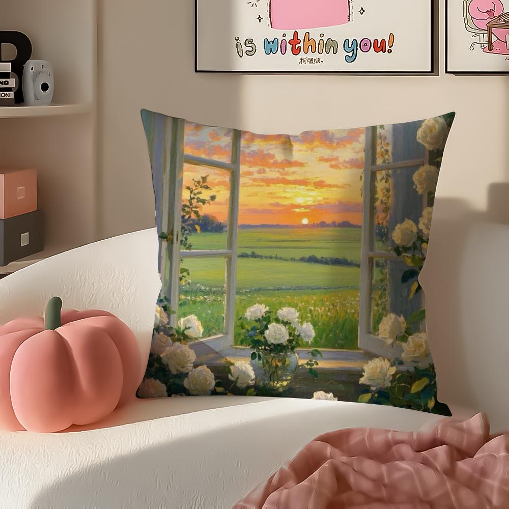 Landscape Style Painting Art Cushion Cover Pillowcase Short Plush Invisible zipper Room Sofa Cushion Cover