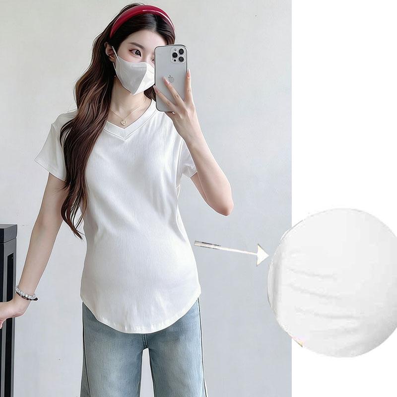 V-neck Short Sleeve Maternity T-shirt: Trendy, Loose, Solid Color, Slimming Belly Cover for Summer. M (85-105 jin)