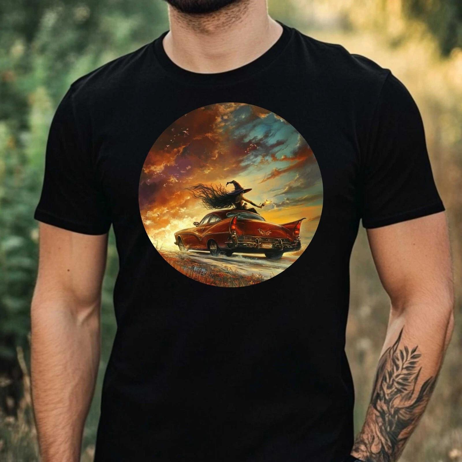 T-Shirt Herren Hexe fährt Auto Motiv Baumwolle Größe XS bis 5XL XXXXL