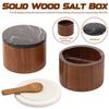 2 Pcs Salt Cellar Box with Lid and Spoon Wood and Stone Salt or Pepper Sugar Spice Seasoning Bowl Container Jar Holder Well Keep