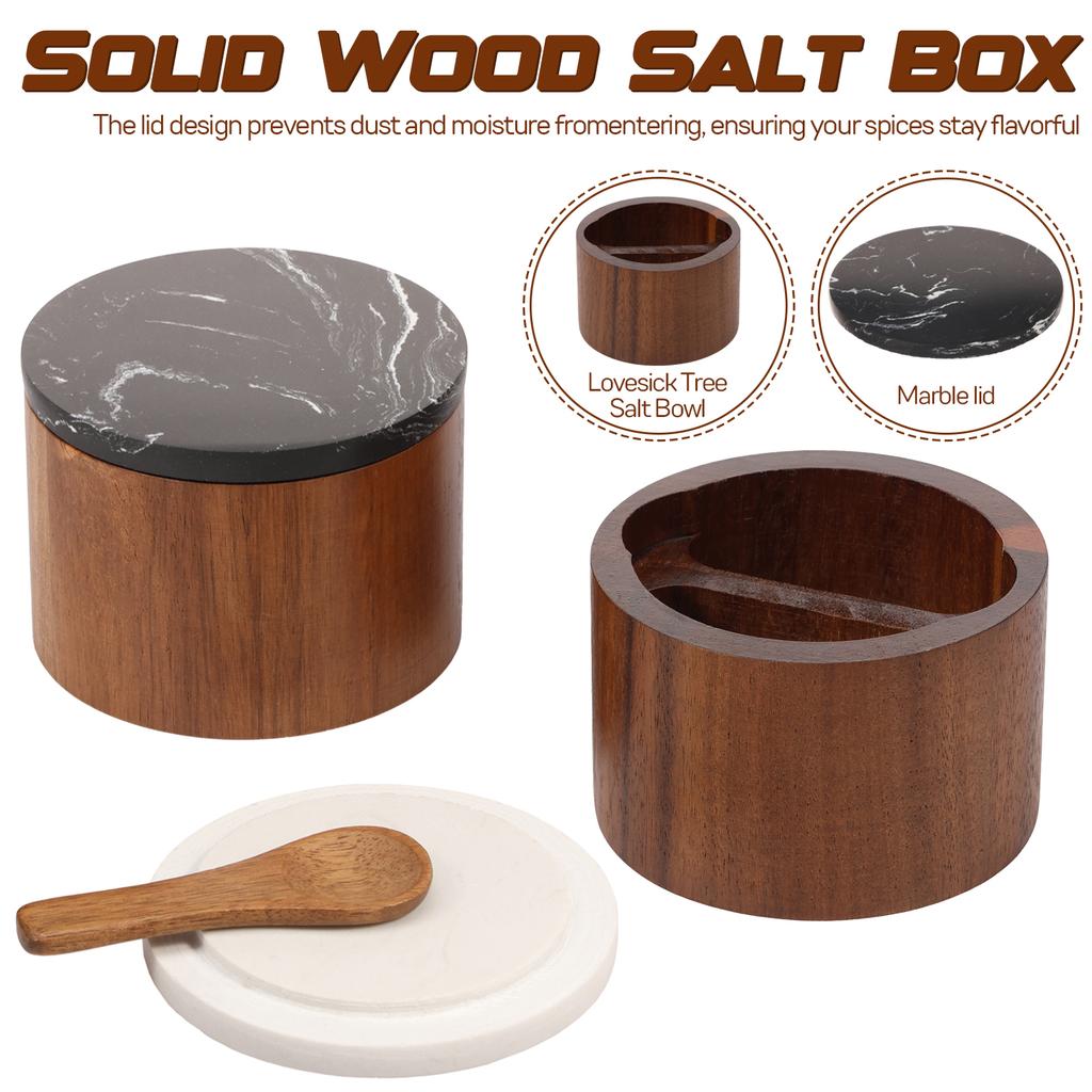 2 Pcs Salt Cellar Box with Lid and Spoon Wood and Stone Salt or Pepper Sugar Spice Seasoning Bowl Container Jar Holder Well Keep
