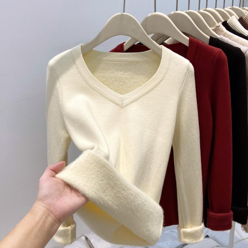 V-neck atmosphere red sweater women's knitted bottoming shirt spring thickened integrated fleece warm inner top