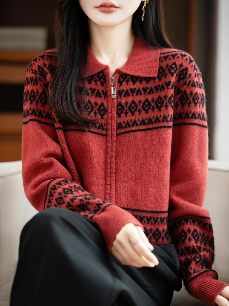 Elegant Jacquard Wool Double-Zip Cardigan, Slim-Fit Outerwear for Autumn/Winter