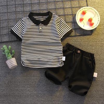 Boys Summer Suit Middle and Small Children Short Sleeve Striped Polo Shirt + Pants Two-piece Set
