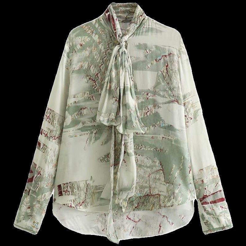 24 Spring New Arrival Fashion Style Women's Clothing Casual Loose Bowknot Decoration Print Shirt Tops 2356008 330