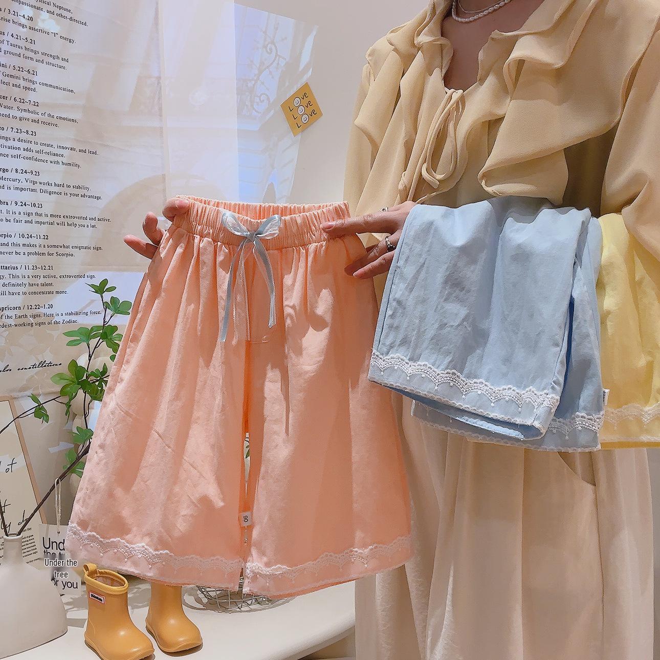 Girls Korean Style Summer Wide-Leg Cotton Pants with Lace Trim 80 cm