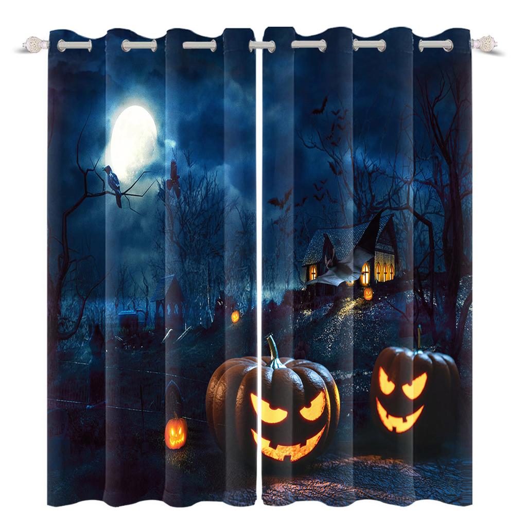 2pcs/set Horror Halloween Window Curtain Full Moon Night Tomb Iron Gate Back Room Home Bedroom Decor Blackout Polyester Curtains