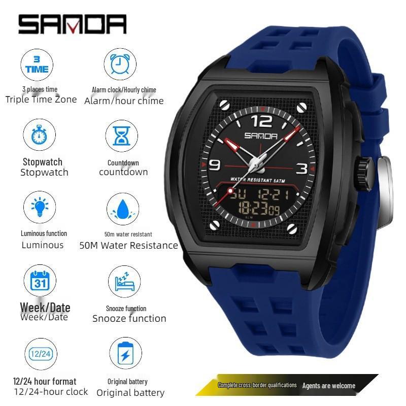 Sanda Dual Display Multifunctional Waterproof Luminous Men's Wristwatch