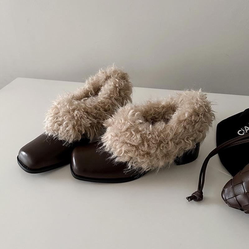 Leather Square-headed Fluffy Shoes with One Pedal, Retro Velvet To Keep Warm, Mary Jane Small Leather Shoes, New Cotton Shoes, Thick Heels, Si