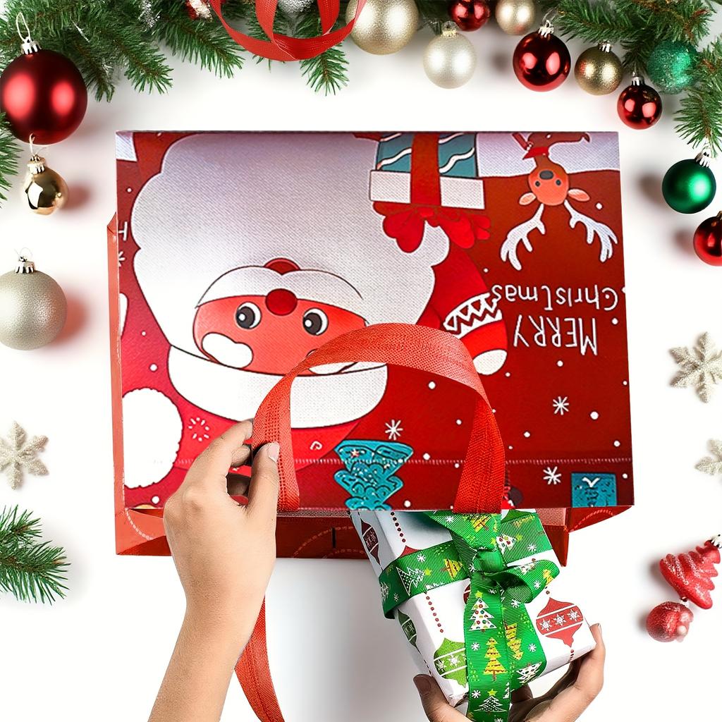 1 buc Pungi mari de cadou de Crăciun cu mânere Reutilizabile Designuri Moș Crăciun, Om de zăpadă, Brad de Crăciun - pentru Cumpărături de sărbători, Petreceri de Crăciun