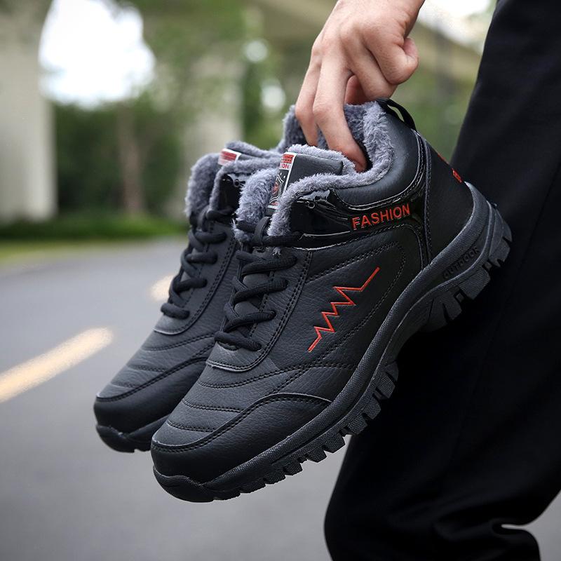 Large size winter sneakers men's velvet thermal cotton shoes leather waterproof snow boots outdoor boots