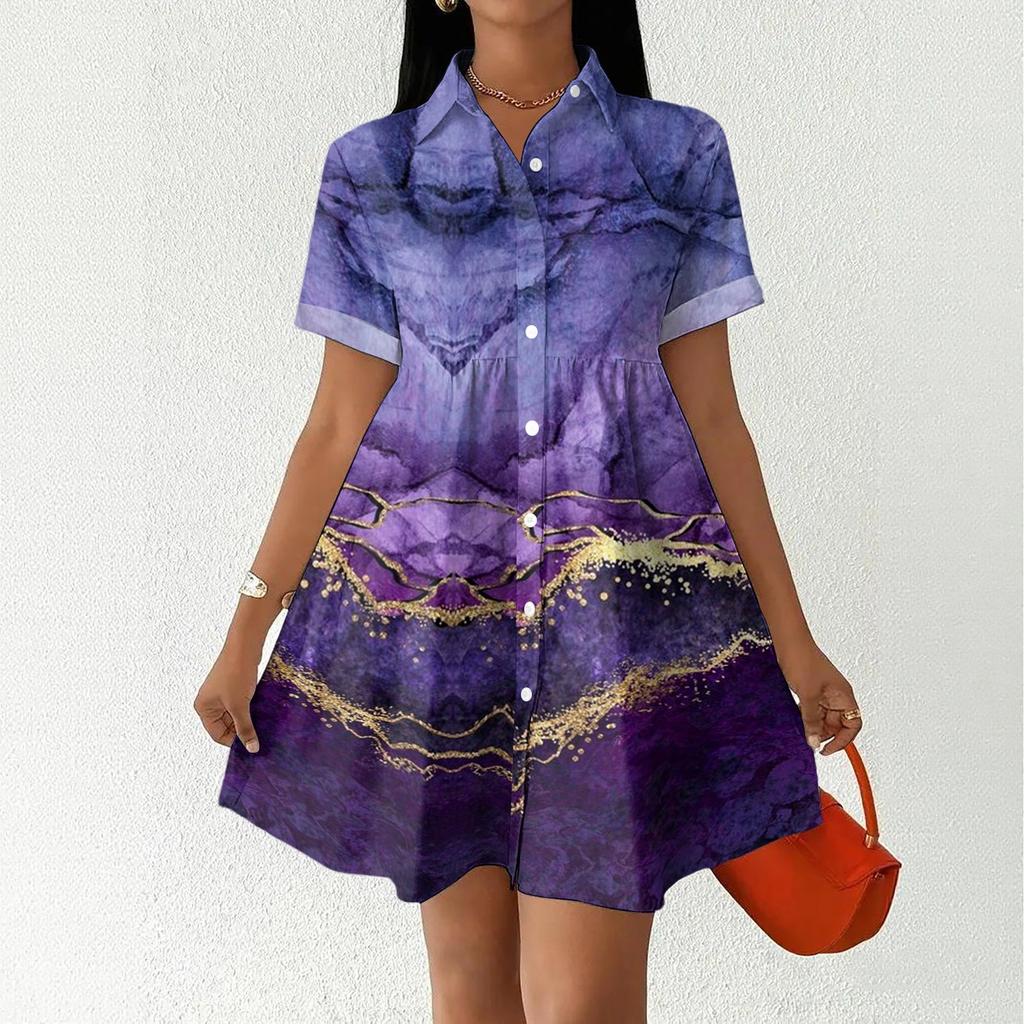 Women’s Casual Loose Fit Button Down Shirt Dress with Stand Collar and Floral Print Short Sleeve Design for Daily Wear