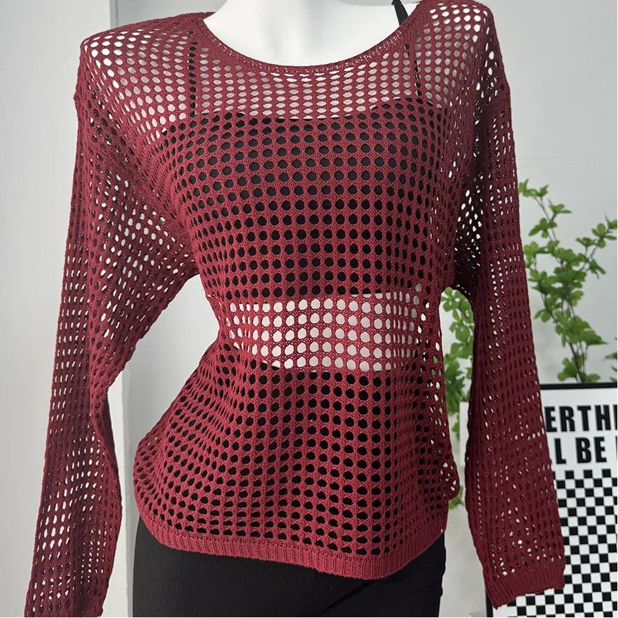 Maglia Lavorata a Maglia da Donna Estiva Svuotata Larga a Maniche Lunghe T-shirt