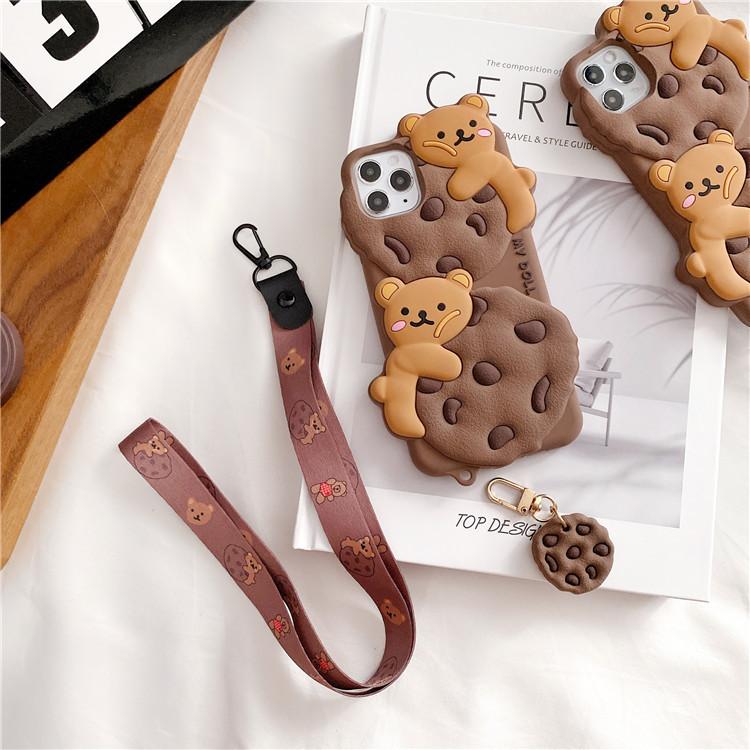 Cute Cartoon Cookie Bear Lanyard Phone Case For iPhone 17 16 15 14 Plus 13 12 11 Pro Max Shockproof Protective Cover