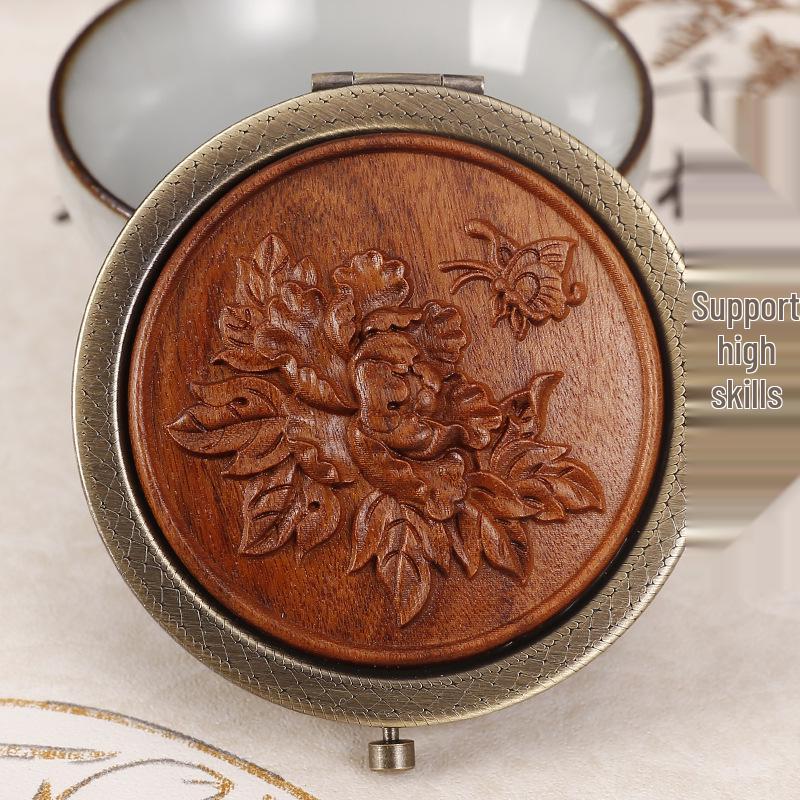 Portable Green Sandalwood Folding Vanity Mirror - Exquisite Round Design, 5 Styles Available