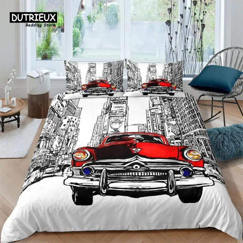 Retro Auto Bettbezug Full Vintage Autos Bettwäsche Set Stadt Gebäude Bettdecke Bezug Kissenbezüge Für Kinder Jungen Teenager Schlafzimmer Dekor