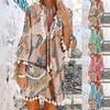 Beach Dress Geometric Print Tassel Women V Neck 3/4 Sleeve Dress for Vacation