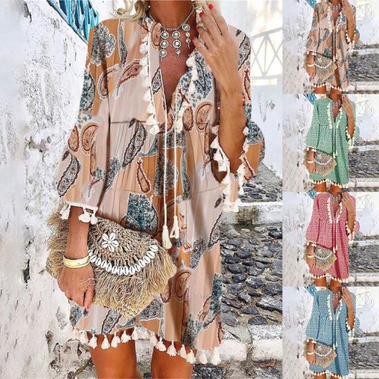 Beach Dress Geometric Print Tassel Women V Neck 3/4 Sleeve Dress for Vacation