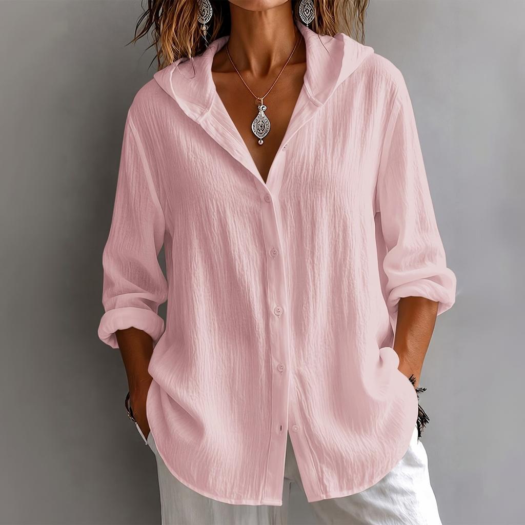 Camisa casual de manga larga para mujer con botones de colores y cuello de solapa para vacaciones