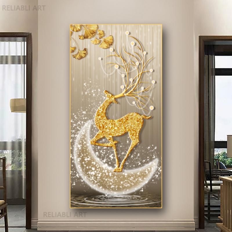 New Chinese Fengshui Golden Deer Canvas Painting Abstract Zen Stone Posters and Prints Modern Luxury Wall Art for Porch Decor