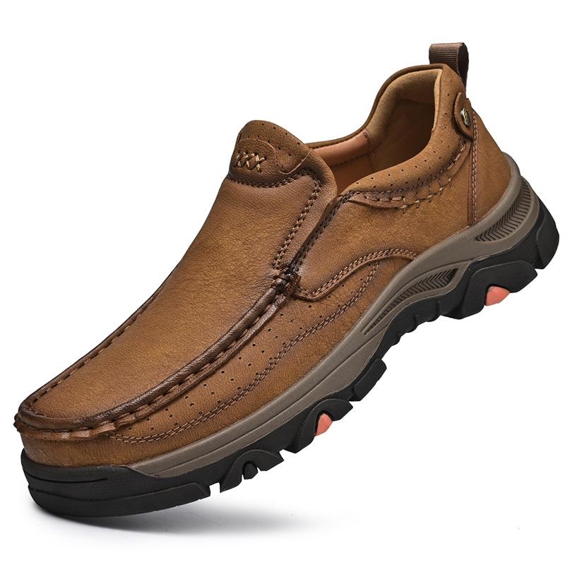Men's Thick Sole Wear-Resistant Leather Hiking Loafers - Slip-On Casual Shoes