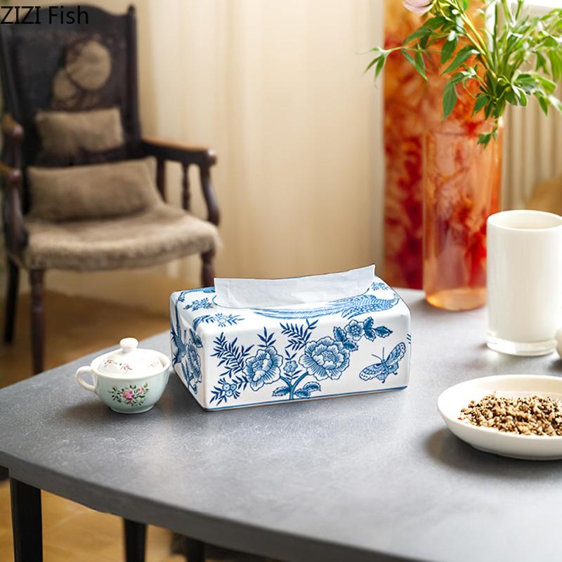 Niebiesko-biała porcelanowa szkatułka na chusteczki Ceramiczny pojemnik na ręczniki papierowe Stolik kawowy Biurko Uchwyt na serwetki Pudełka na chusteczki Vintage Wystrój domu