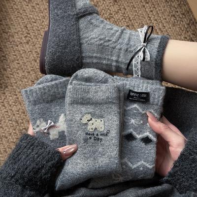 Female Cartoon Puppy Socks with Bow, Grey Wool Socks, Versatile and Warm, Thick Mid-calf Socks for Winter