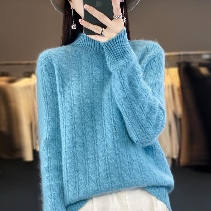 2023 Autumn/Winter Women's Korean Wool Cable Knit Round Neck Sweater