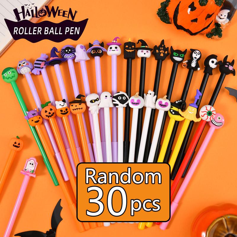 10/30Pcs Halloween Pens Pumpkin Skull Ghost Bat Pens 0.5 MM Black Rollerball Pen for Halloween Party Supply School Office Prizes