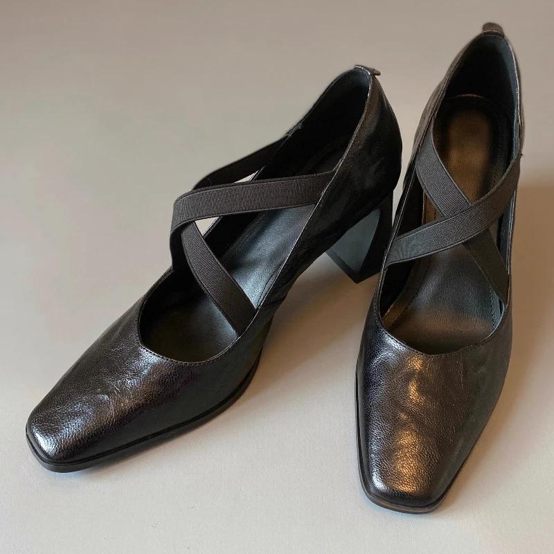 

Fashion Elegant Cross-tied Chunky Heel Pumps Women Comfortable Square Toe Shallow Mouth Sandals Fashion Office Shoes Tacones Mujer 40