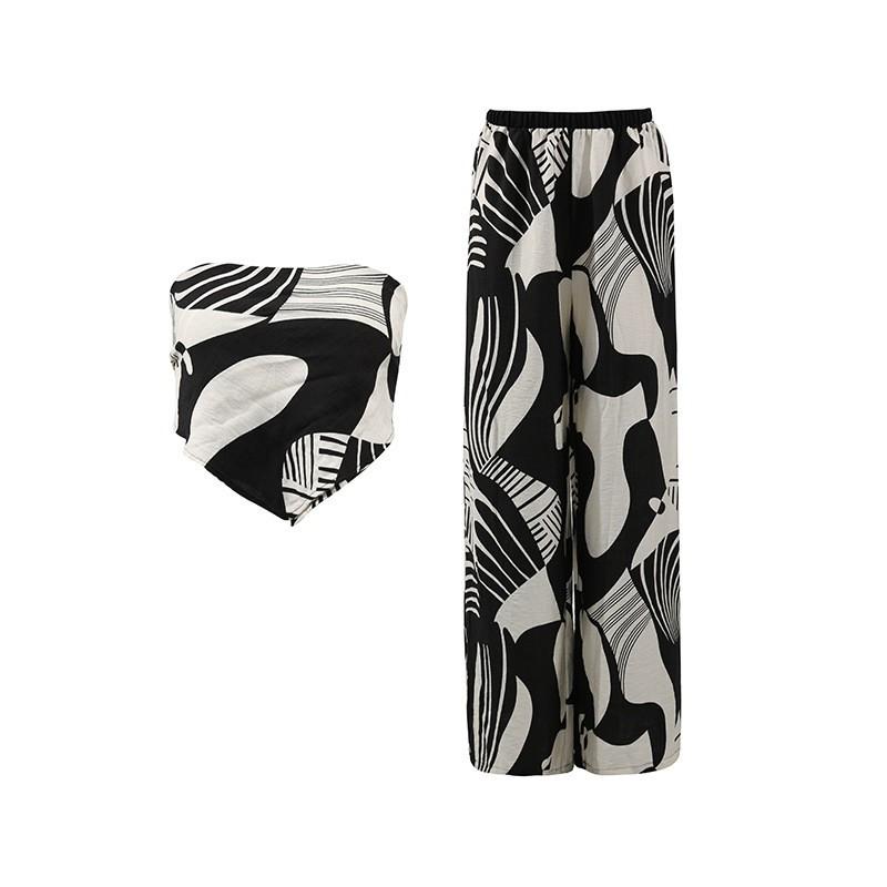 Sexy Hot Girl Style Tube Top Backless + Fashion Print Straight Pant Suit Women