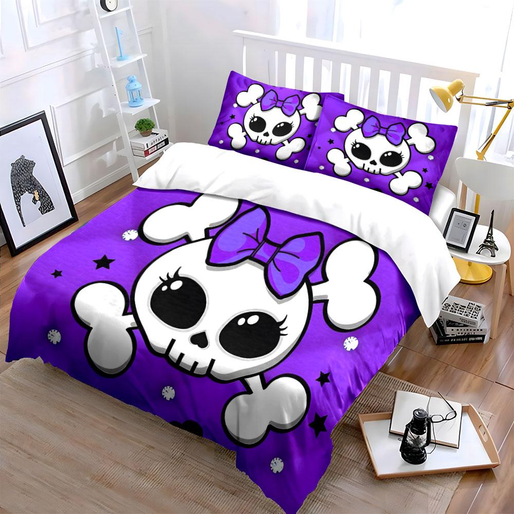 3Pc Cute Bow Crossbone Skull Duvet Cover Set,Purple Glitter Kawaii Bedding with 1 Duvet Cover 2 Pillowcases Single Double,Gift