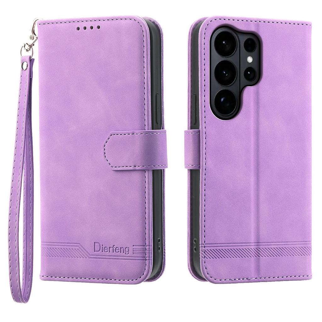 DIERFENG DF-03 For Samsung Galaxy S26 Ultra Case Lines Imprint Wallet Leather Phone Cover with Wrist Strap