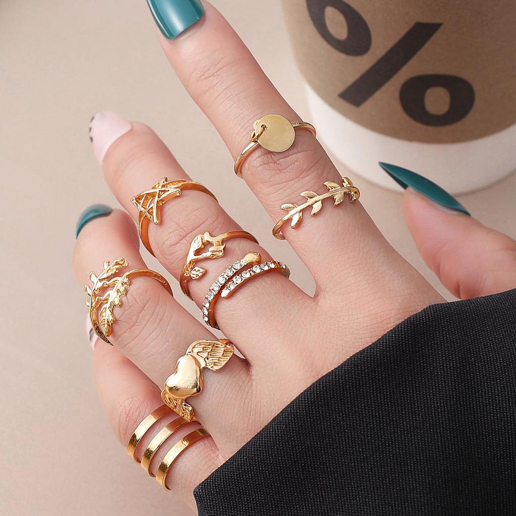 Combination Ring, Fashionable Love Leaf Five-Pointed Star Point Diamond Opening 10-Piece Set Ring Jewelry
