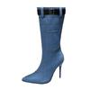 Autumn and winter fashion pocket boots large size pointed denim medium boots belt buckle thin heel super high heel long tube