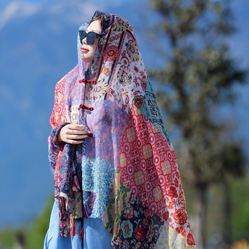 Tassels Sunscreen Scarf Shawl Knot Button National Style Cloak Fashion Cardigan Cape  Outdoor