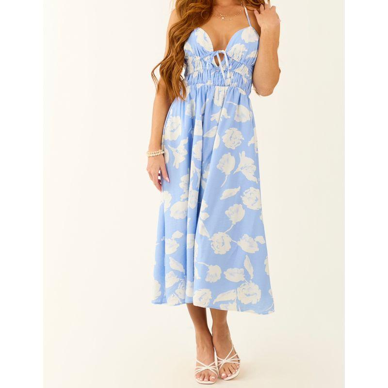 

Заказ внешней торговли 2025 Лето Новое Инс Стиль Милый Принт Богемный Остров Санья Пляжная Юбка Платье Light Blue Flower S