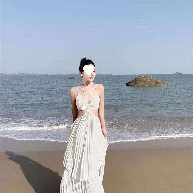 French Chic Irregular Cut-out Slimming Camisole Dress for Women - Perfect for Sanya Beach Vacation Photos