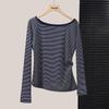 Women's Asymmetric Striped Long Sleeve T-Shirt with Pleated Waist