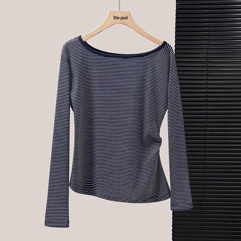 Women's Asymmetric Striped Long Sleeve T-Shirt with Pleated Waist