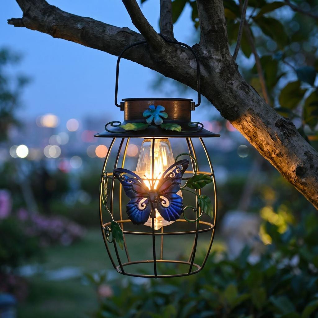 Solar Powered Outdoor Garden Lantern with Decorative Butterfly and Leaf Metal Frame Hanging Light for Patio Yard Pathway Lighting