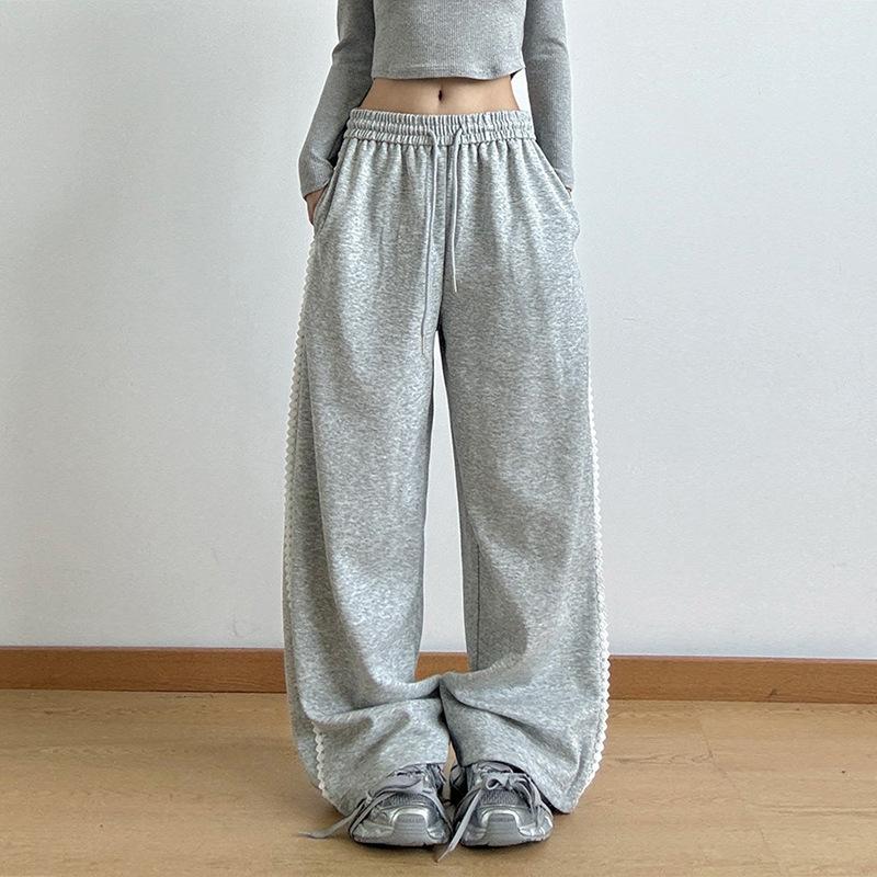 Spring and Autumn Women's Fashion Solid Colour Lace Splicing High Waisted Loose Wide Leg Pants