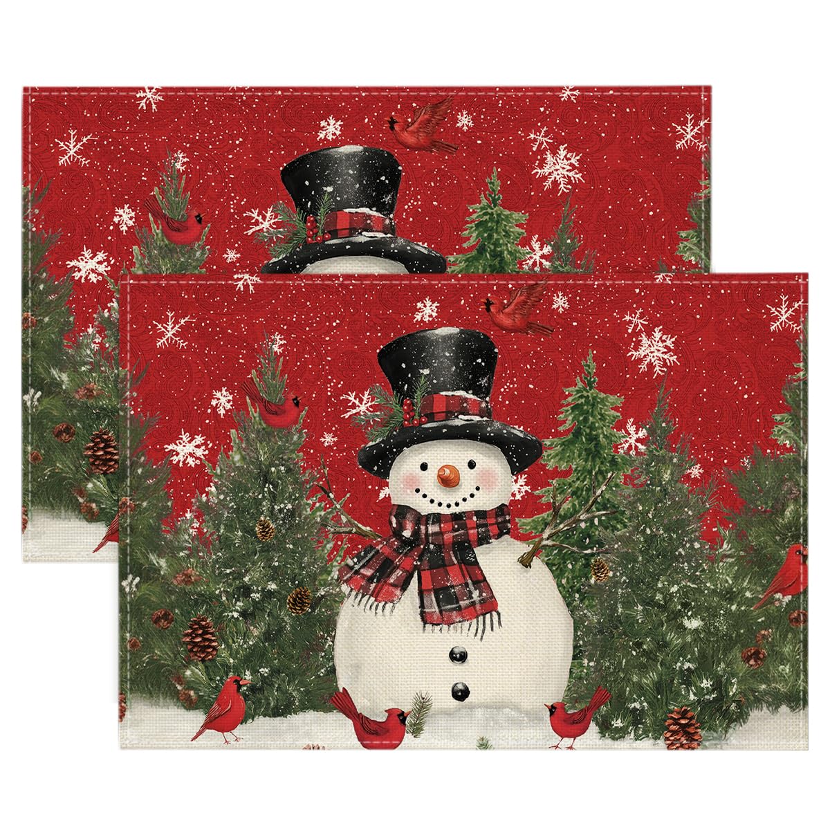 

Snowman Cardinals Trees Christmas Placemats for Dining Table, 12 x 18 Inch Xmas Holiday Rustic Vintage Thanksgiving Washable Table Mats Set of 4 12 x 18 , Rectangular 2 Pcs