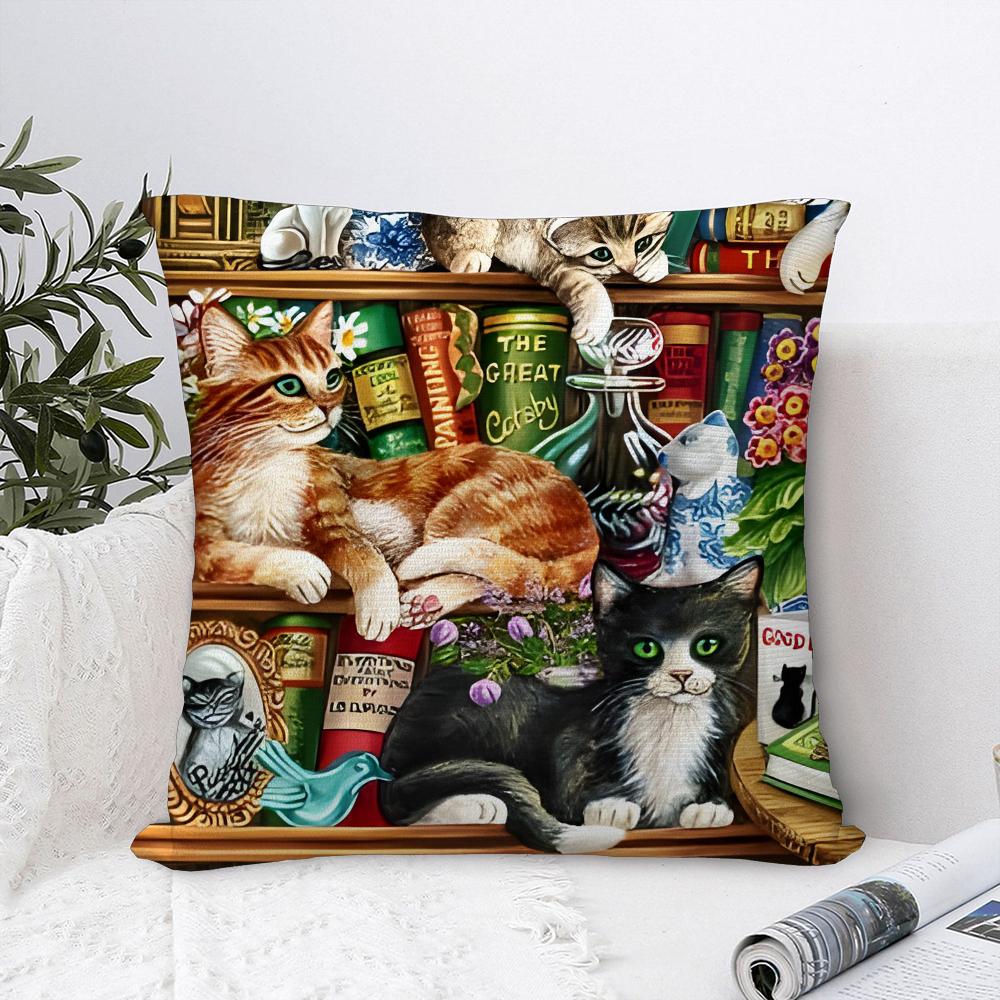 Cat in Library Painting Pillow Case Plush Fabric Soft  Pillowcase Double Sided Print Cushion Cover Household Gifts