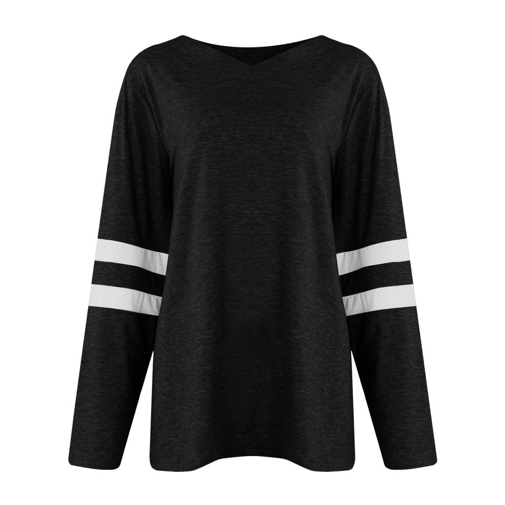 Damen Casual V-Ausschnitt Pullover Langarm Gestreift Colorblock Oversized Shirts