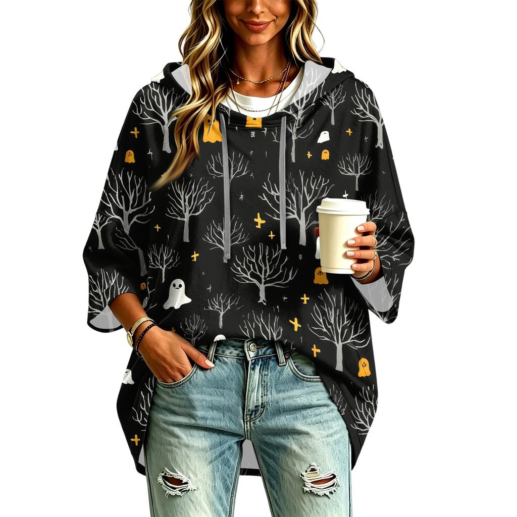 Women's 3/4 Sleeve Hooded Pullover Top with Halloween Print