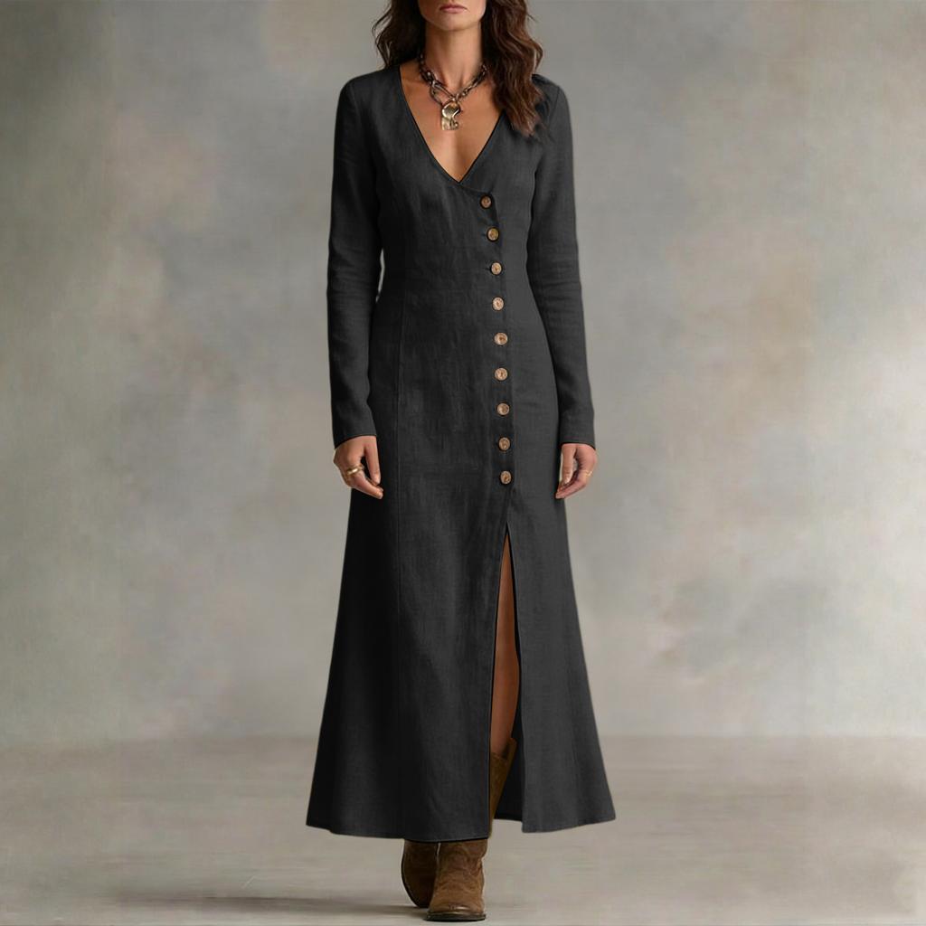 Modisches, lässiges Damenkleid aus Baumwoll-Leinen-Mischgewebe mit langen Ärmeln und Knopfleiste