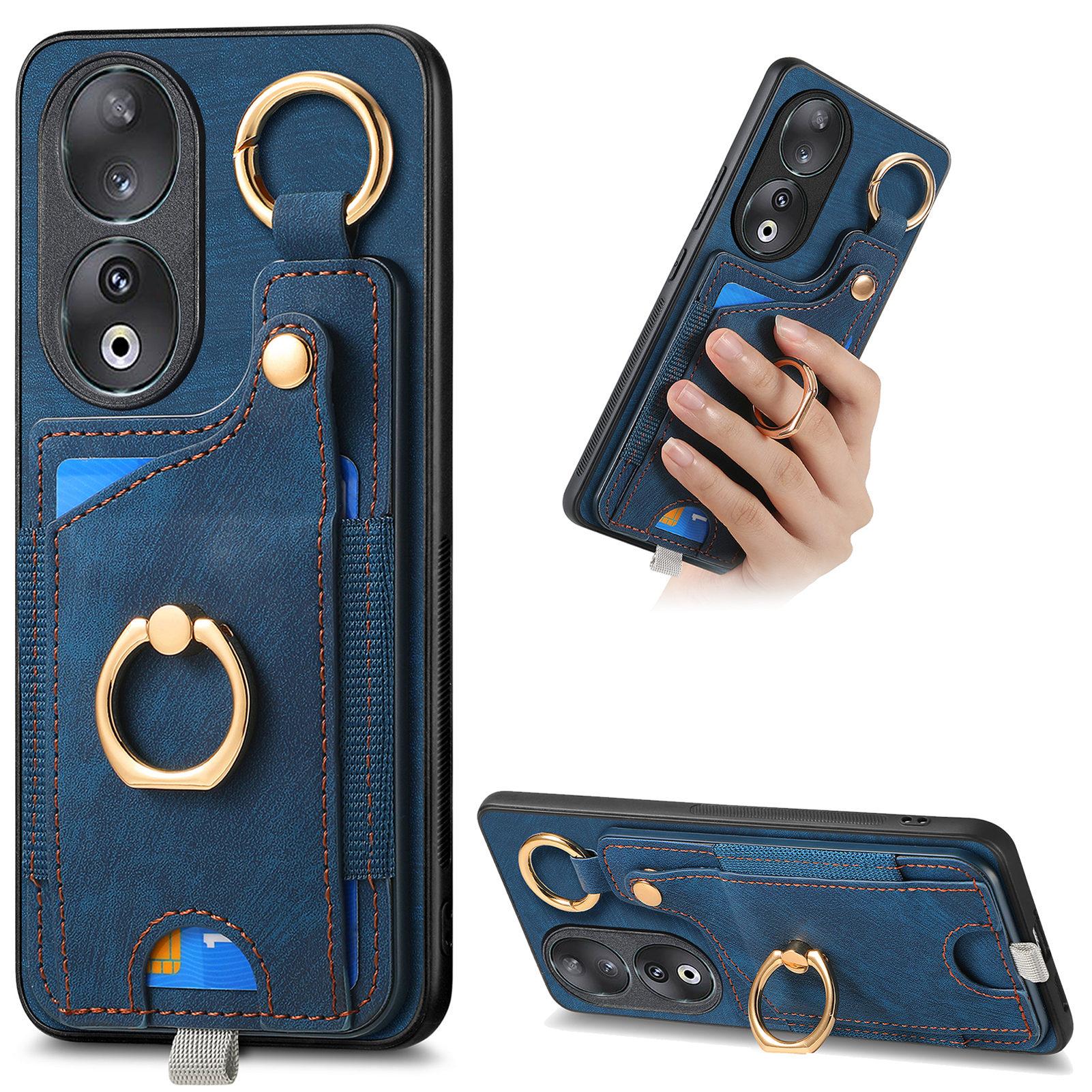 

For Honor 90 Case Retro Leather Back Cover Drop-proof Phone Card Bag Kickstand Blue