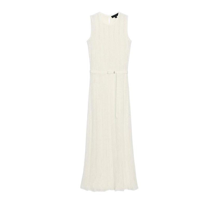 

Summer Women clothes Holiday Style Sleeveless round Neck Belt Jacquard Mesh Knitted Midi Dress 0244003 raw white L